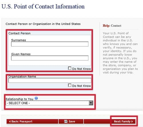 Información de contacto en los Estados Unidos del formulario DS-160