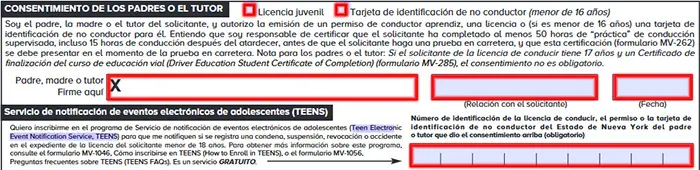 Consentimiento de los padres en el formulario MV-44