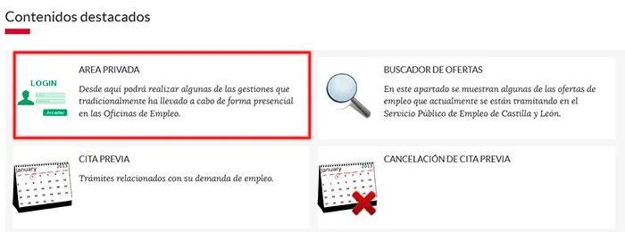 Area privada para inscribirse como demandante de empleo en Castilla y León de forma online